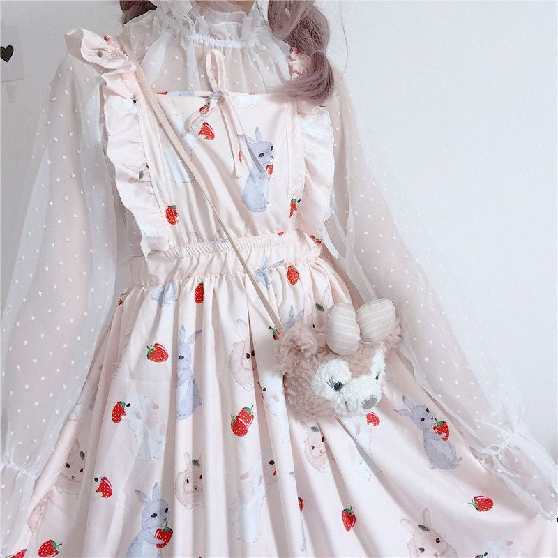 Rabbit Print Lolita Apron A-line Dress / Sheer Dotted Mesh Blouse