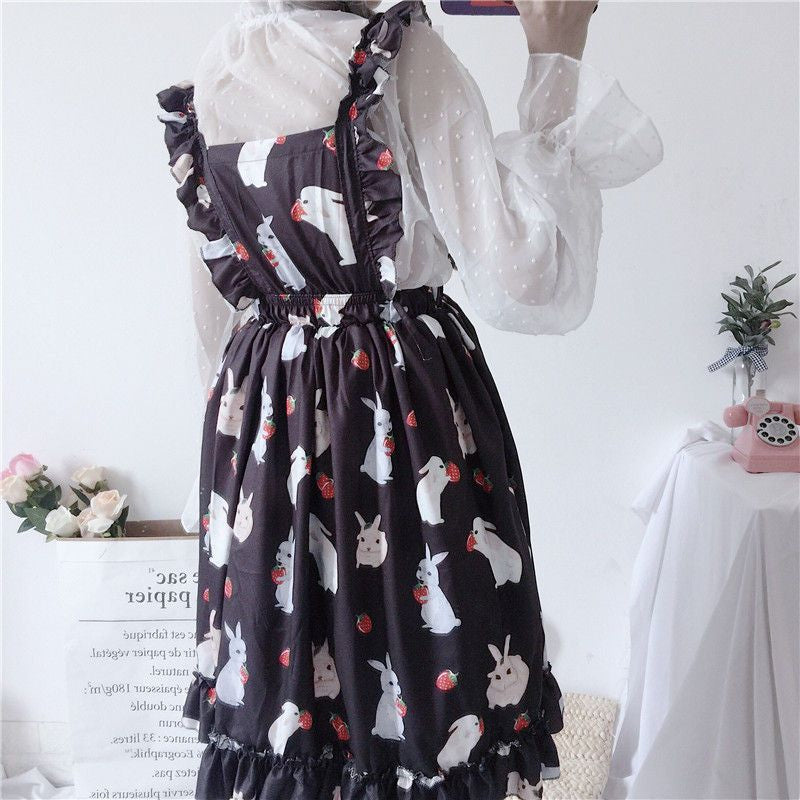 Rabbit Print Lolita Apron A-line Dress / Sheer Dotted Mesh Blouse