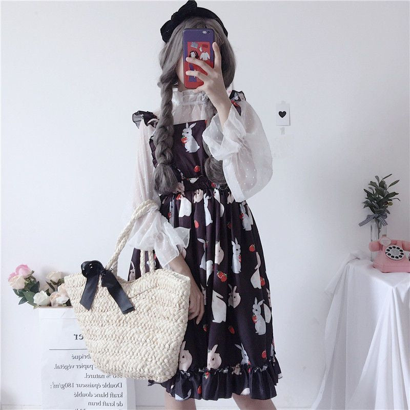 Rabbit Print Lolita Apron A-line Dress / Sheer Dotted Mesh Blouse