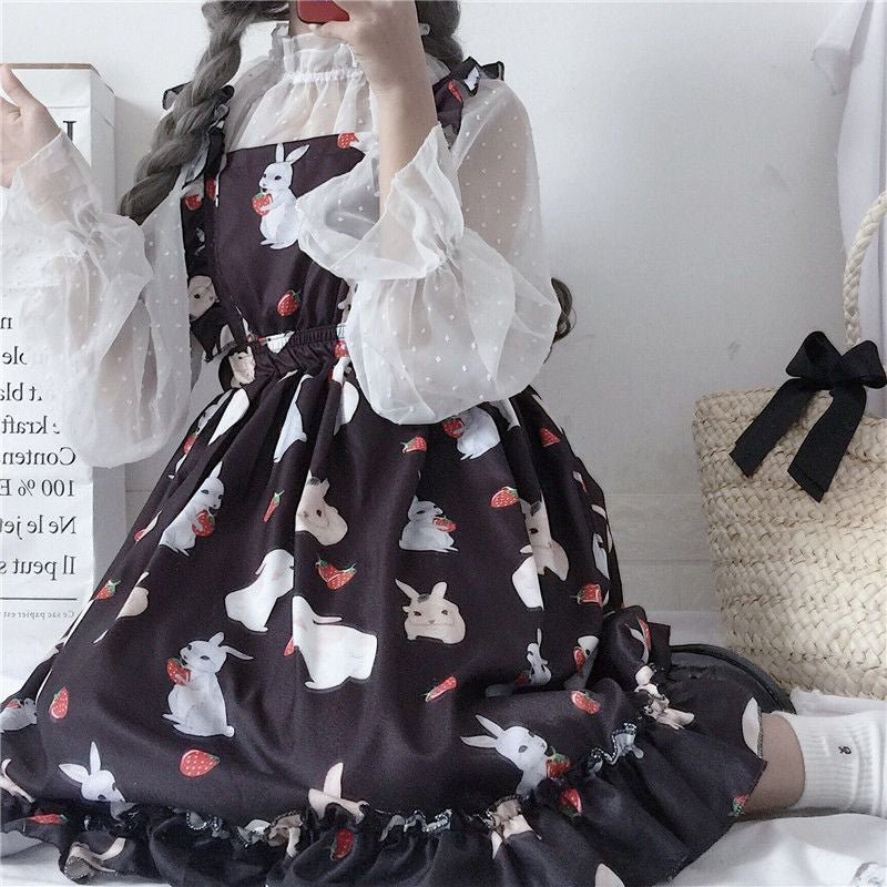 Robe trapèze Lolita à tablier imprimé lapin / Chemisier en maille transparente à pois