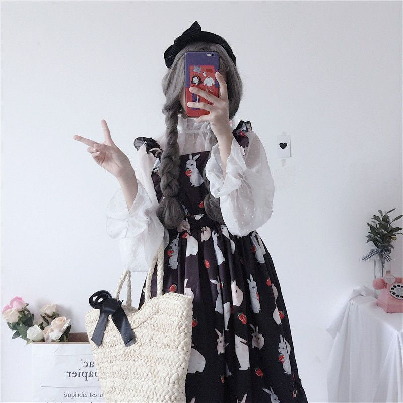 Rabbit Print Lolita Apron A-line Dress / Sheer Dotted Mesh Blouse