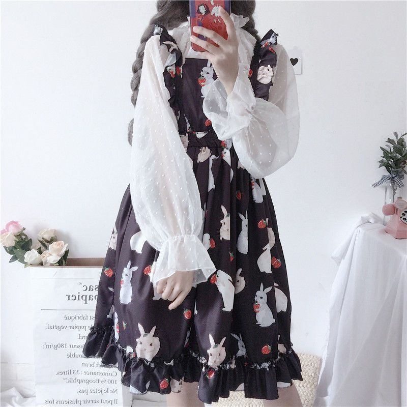 Rabbit Print Lolita Apron A-line Dress / Sheer Dotted Mesh Blouse