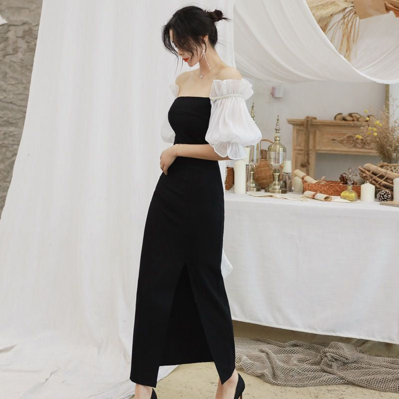 Off-Shoulder Elbow-Sleeve Maxi Sheath Dress