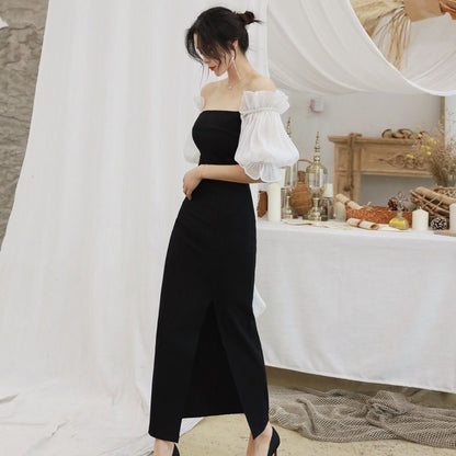 Off-Shoulder Elbow-Sleeve Maxi Sheath Dress
