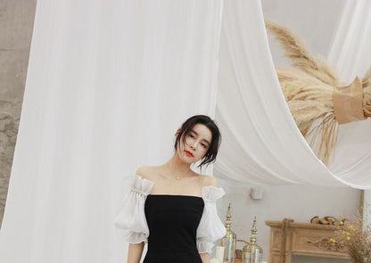 Off-Shoulder Elbow-Sleeve Maxi Sheath Dress