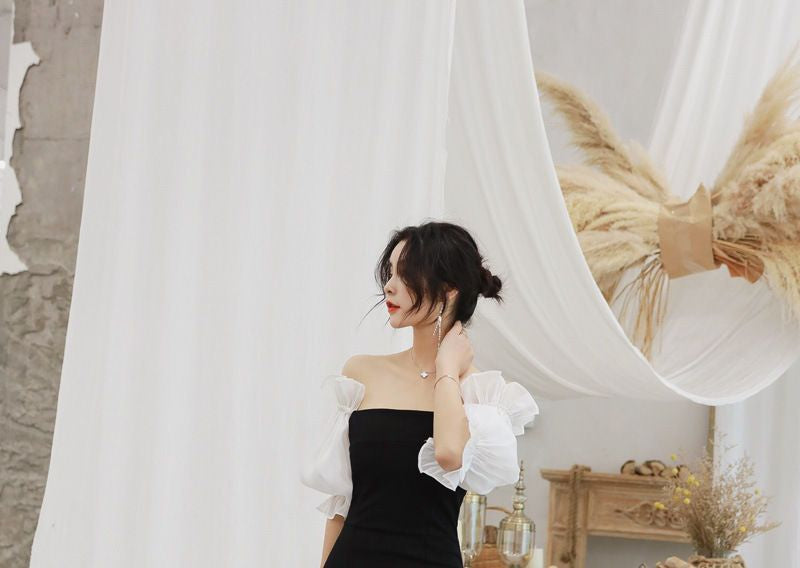 Off-Shoulder Elbow-Sleeve Maxi Sheath Dress