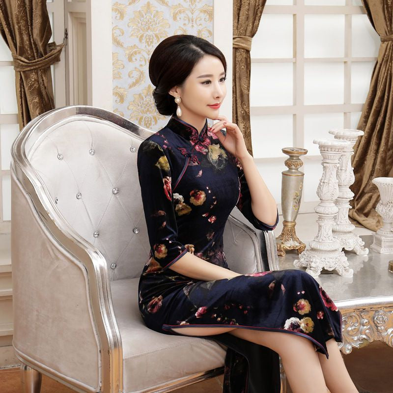 Floral 3/4-Sleeve Qipao