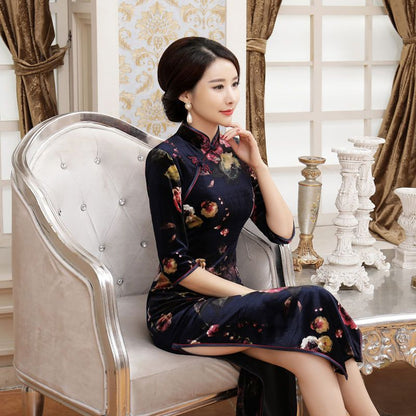Floral 3/4-Sleeve Qipao