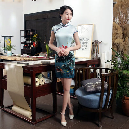 Flower Print Short-Sleeve Qipao