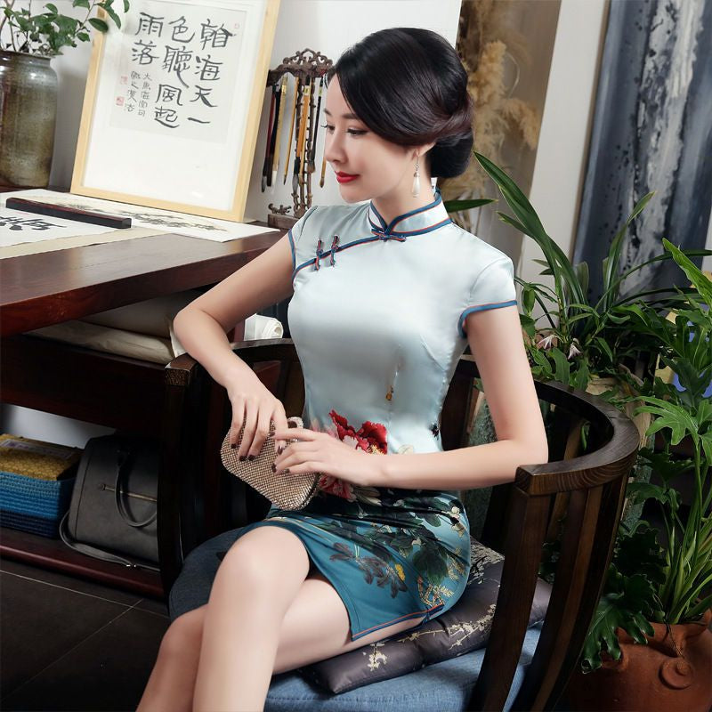 Flower Print Short-Sleeve Qipao