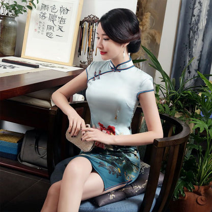 Flower Print Short-Sleeve Qipao