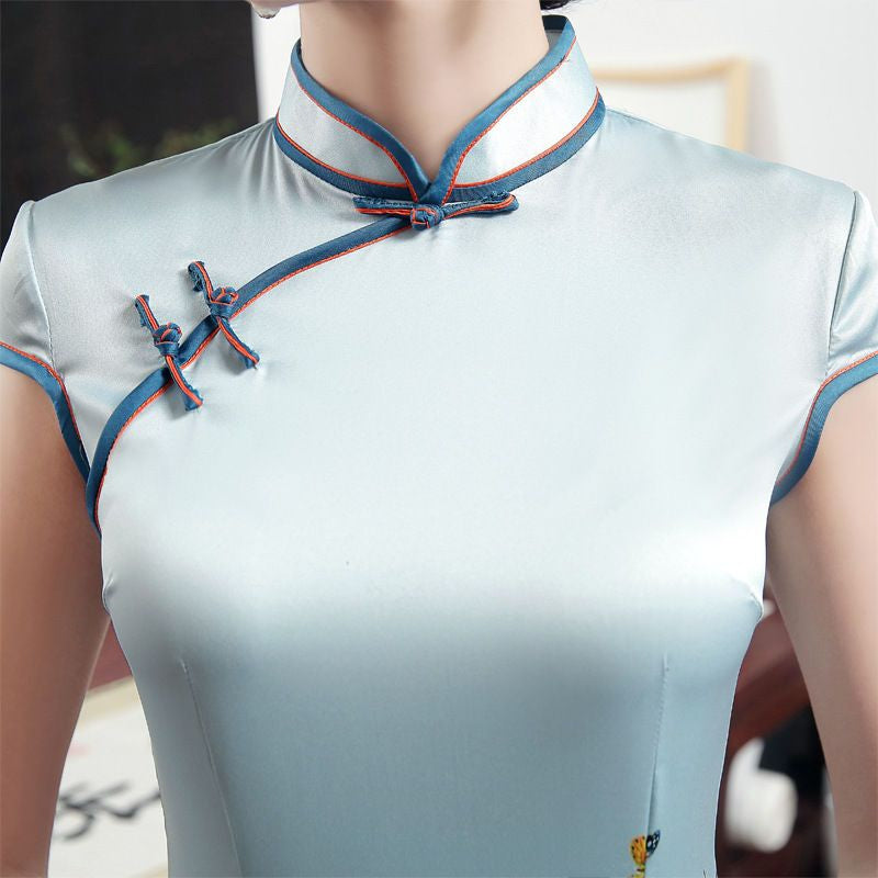 Flower Print Short-Sleeve Qipao