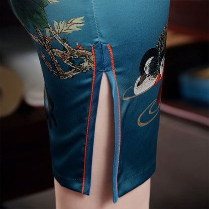 Flower Print Short-Sleeve Qipao