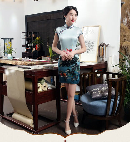 Flower Print Short-Sleeve Qipao