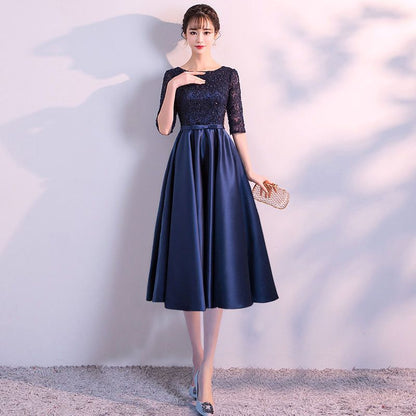 Bow Detail Elbow-Sleeve A-Line Cocktail Dress / Evening Gown