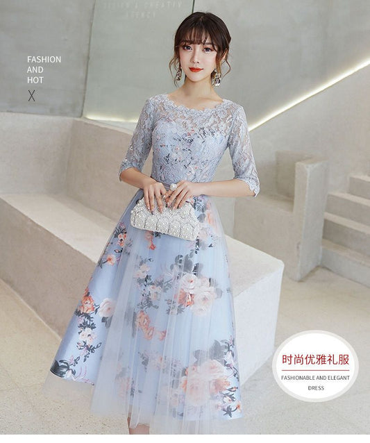 Lace Panel Elbow-Sleeve Midi A-Line Cocktail Dress