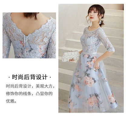 Lace Panel Elbow-Sleeve Midi A-Line Cocktail Dress