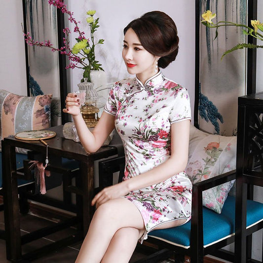 Floral Print Short Sleeve Mini Qipao