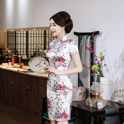 Floral Print Short Sleeve Mini Qipao