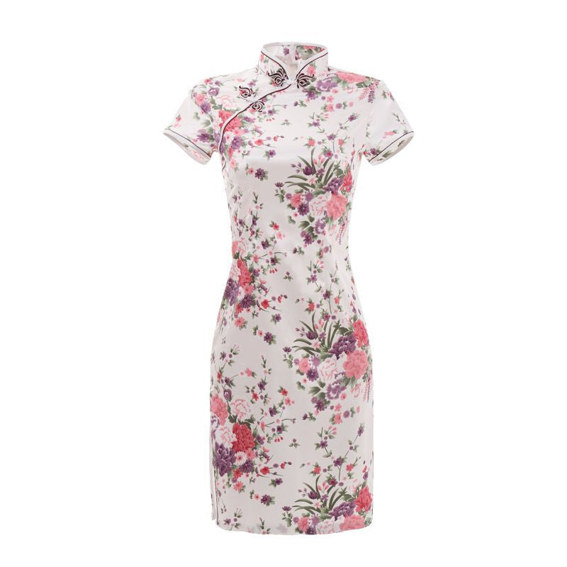Floral Print Short Sleeve Mini Qipao