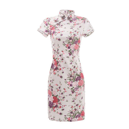 Floral Print Short Sleeve Mini Qipao