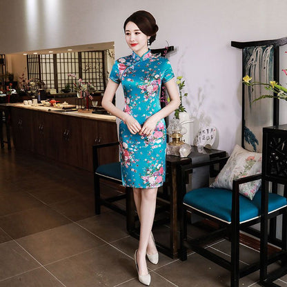 Floral Print Short Sleeve Mini Qipao