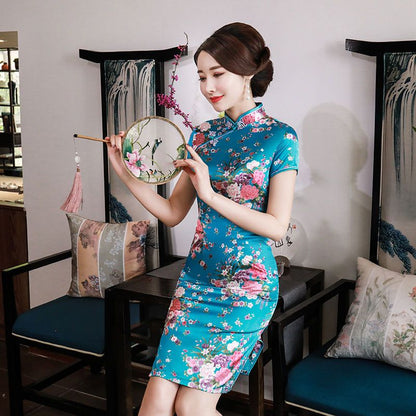 Short-Sleeve Floral Print Mini Qipao