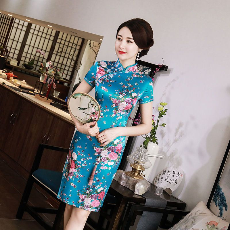 Short-Sleeve Floral Print Mini Qipao