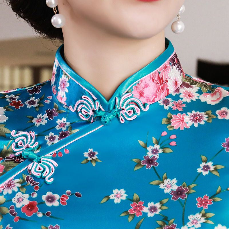 Short-Sleeve Floral Print Mini Qipao