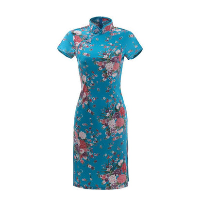 Short-Sleeve Floral Print Mini Qipao
