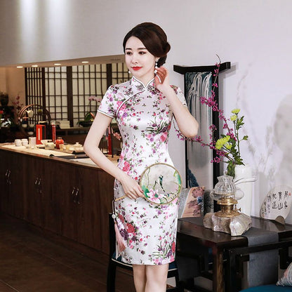 Short-Sleeve Floral Print Mini Qipao