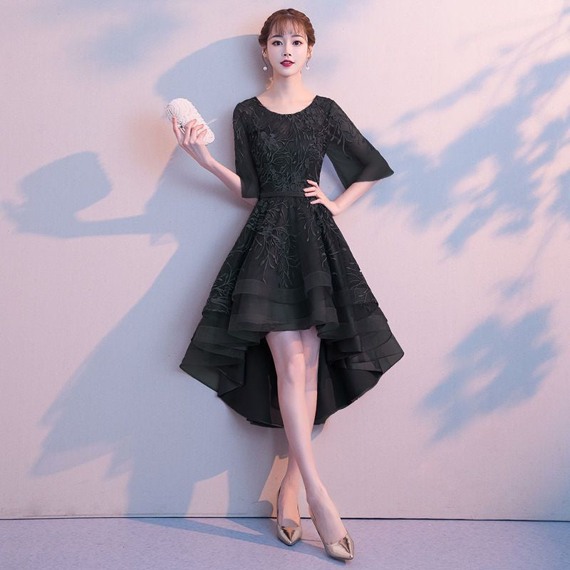 Short-Sleeve Embroidered High-Low Prom Dress