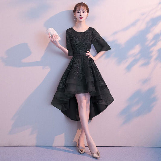 Short-Sleeve Embroidered High-Low Prom Dress