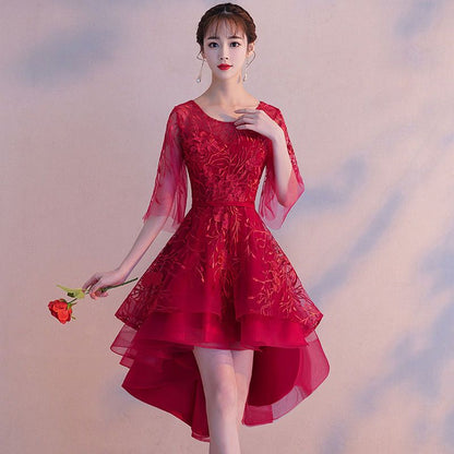 Short-Sleeve Embroidered High-Low Prom Dress