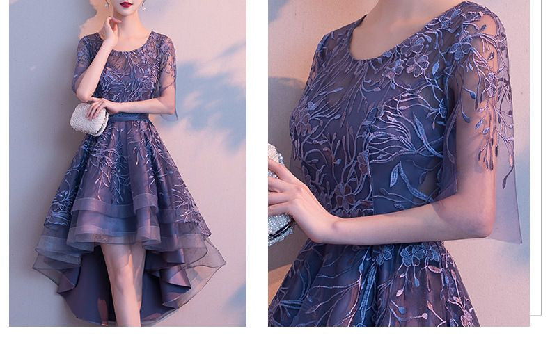 Short-Sleeve Embroidered High-Low Prom Dress