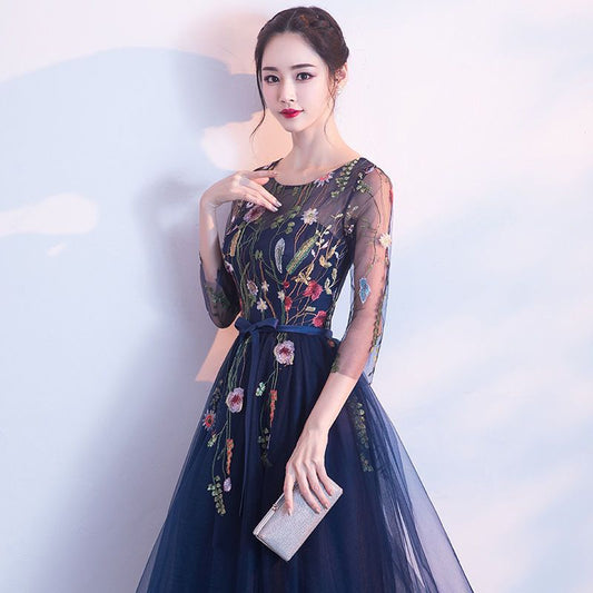 Floral Embroidered 3/4-Sleeve Midi Prom Dress
