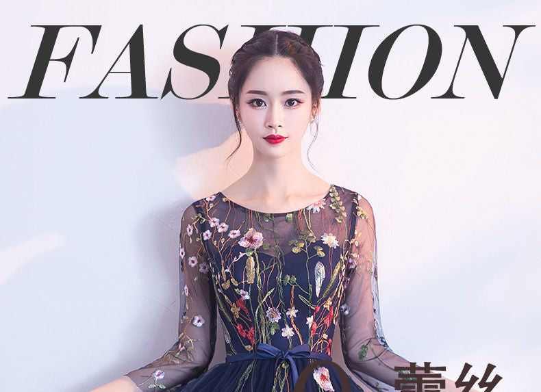 Floral Embroidered 3/4-Sleeve Midi Prom Dress