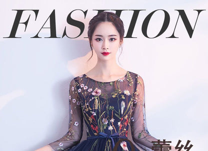 Floral Embroidered 3/4-Sleeve Midi Prom Dress