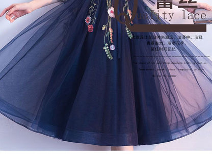 Floral Embroidered 3/4-Sleeve Midi Prom Dress