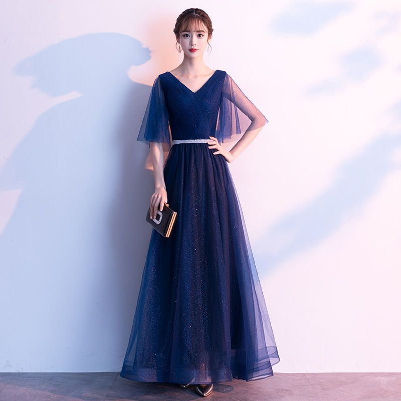 V-Neck Elbow-Sleeve A-Line Evening Gown