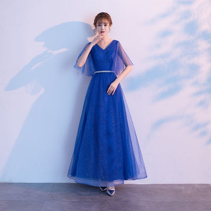 V-Neck Elbow-Sleeve A-Line Evening Gown