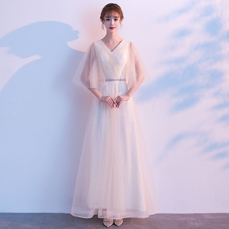 V-Neck Elbow-Sleeve A-Line Evening Gown