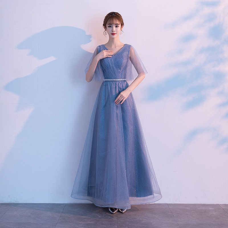 V-Neck Elbow-Sleeve A-Line Evening Gown