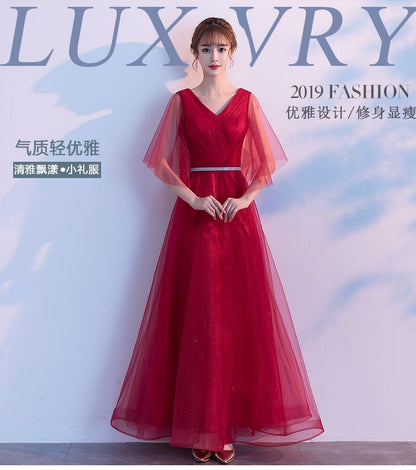 V-Neck Elbow-Sleeve A-Line Evening Gown