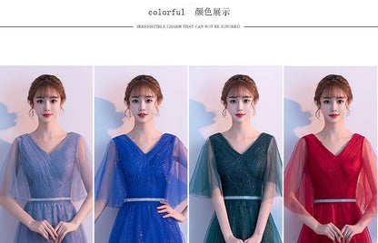 V-Neck Elbow-Sleeve A-Line Evening Gown