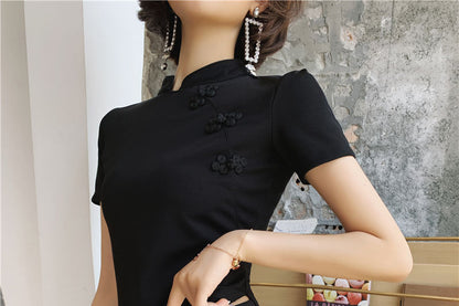 Set: Short-Sleeve Side-Slit Mini Qipao + Shorts