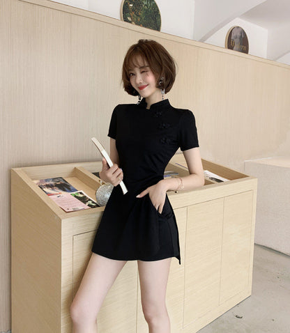 Set: Short-Sleeve Side-Slit Mini Qipao + Shorts