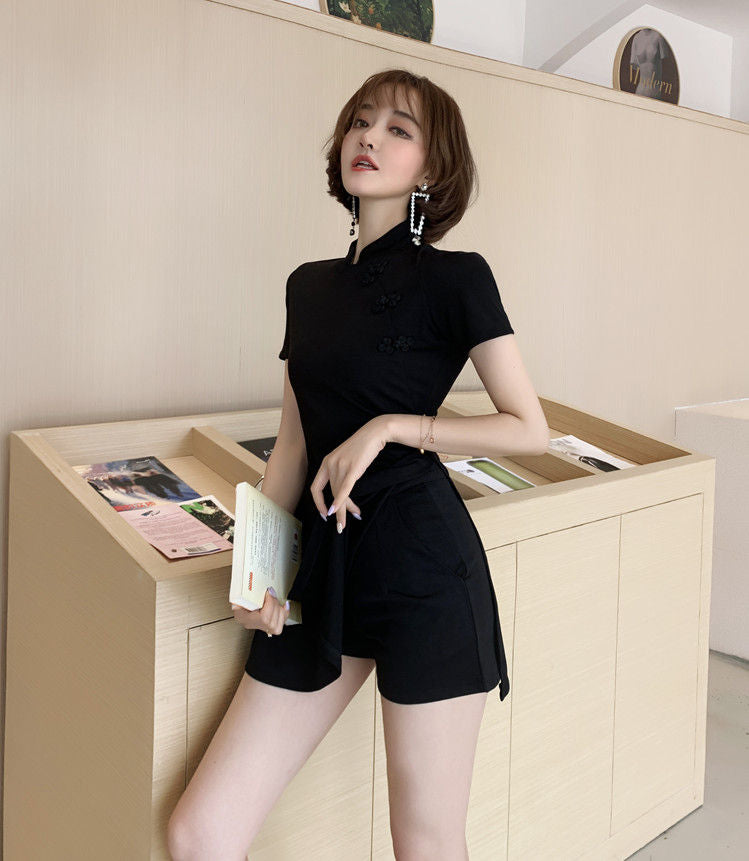 Set: Short-Sleeve Side-Slit Mini Qipao + Shorts