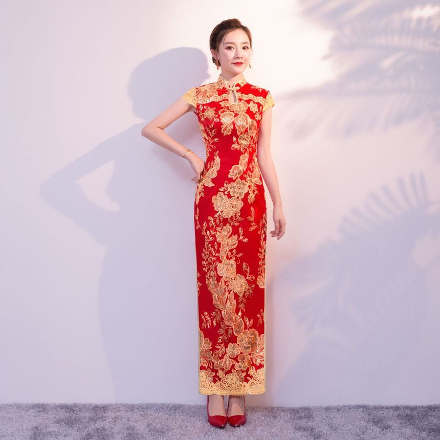 Sequined Cap-Sleeve Qipao