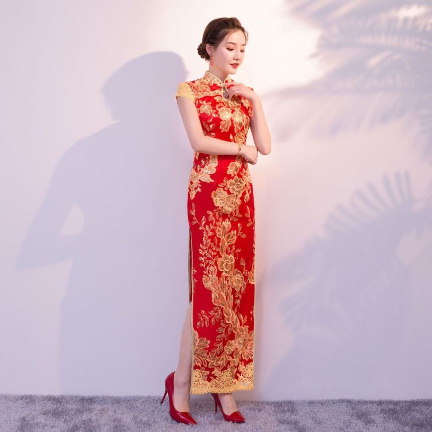 Sequined Cap-Sleeve Qipao